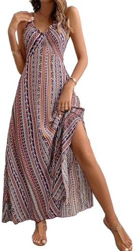 LIAMERHE Women's Ethnic Maxi Dress Summer V-Neck Backless A-Line Sundress Spaghetti Strap Sleeveless Dresses Bohemian Ladies Casual Elegant Spring High Waist Slit Beachdress Red M