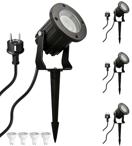YOVGQOLV 4er Set LED Gartenstrahler mit Erdspieß 230V GU10 IP65 Wasserdicht | IP65 Gartenbeleuchtung mit Strom Inkl. 5W 3000K GU10 Glühbirne,2m Kabel & Stecker,Aluminium Gartenlampen,Schwarz