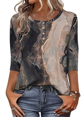 Zeagoo T-shirt för damer, med 3/4-ärm, tröja med rund hals, basic topp, Henly till sommaren, ledig, lätt och lång, storlek S–XXL