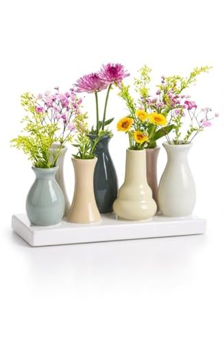 Dekovase Handgefertigte kleine Keramik Deko Blumenvasen Set aus kleinen Vasen, bunt & weiß, dekorative Keramikvasen auf Sockel für Trockenblumen, hübsche Mini Vase (Vase (7er) bunt V1-20cm)