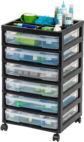 IRIS USA Rolling Cart with Drawers |Made in USA| 6-Tier Cases - Black/Clear