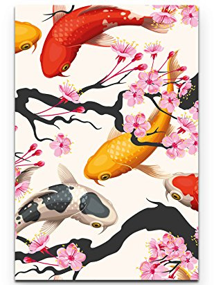 Paul Sinus Art Leinwandbilder | Bilder Leinwand 90x60cm Koi Fische und japanische Kirschblüte