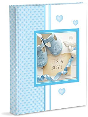 Álbum de fotos Celeste, Nacimiento Niño con Diario, 23 x 30 cm, 56 páginas blancas y 4 páginas Diario personalizables, páginas de cartón grueso y resistente intercaladas de pergamino