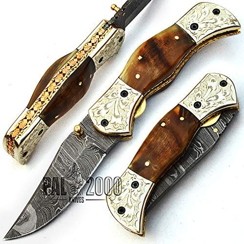 PAL 2000 KNIVES Fatto a mano coltello lama in acciaio damasco forgiato a mano con fodero gestire di corno di montone e all'interno della maniglia una bellissima opera d'arte con rame e ottone 9676