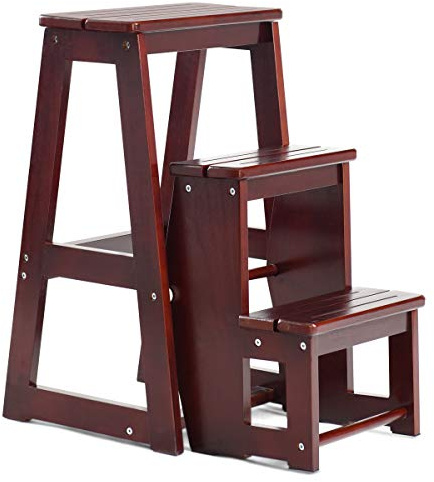 GOPLUS Stegstol 3 steg, stegpall vikbar, pallstege av furu, stegstege hushållsstege trätrappor, lastkapacitet 130 kg, färgval (brun)