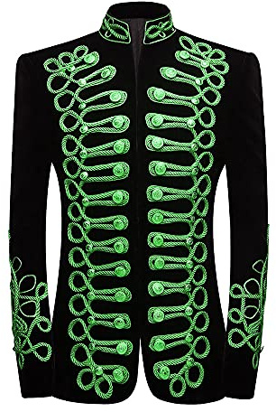 PYJTRL stylische Herren-Jacke im Prinzen-Stil, schwarzer Samt mit Goldstickerei, Blazer, Anzugjacke, Grün, L