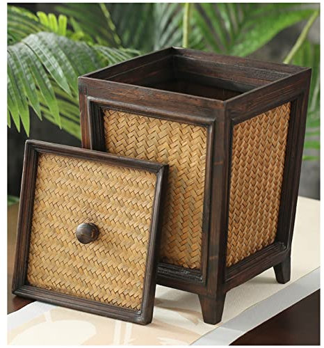 Waste Paper Bin Wooden Rattan Square Trash Can with Lid Waste Storage Garbage Can Bin for Under Desk Office
