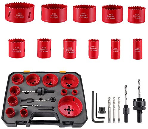 Bi-Metall-Lochsägen-Set 19 Stück 3/4 Zoll bis 3 1/4 Zoll Hochleistungs-Lochbohrer-Set, Lochsäge Bimetall mit Dornen, Adaptern, Sechskantschlüssel für Holz, Metall, PVC-Platte, Aluminium (19)