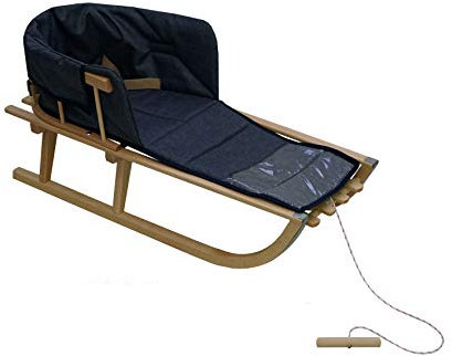 Holzschlitten für Kinder mit Rückenlehne Rodelschlitten Davoser Schlitten aus Holz mit einem Sicherheitsgurt, Rückenlehne und Winterfußsack (Natur/Dunkelblau Matratze)