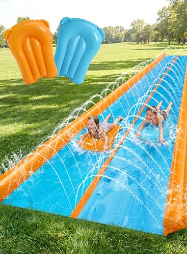 Sloosh Double Lane Water Slide, 762 * 183cm Heavy Duty Water Slip Lawn Slide with Sprinkler and 2 Inflatable Boards for Adult Kids Party Summer Yard Outdoor Play Activities