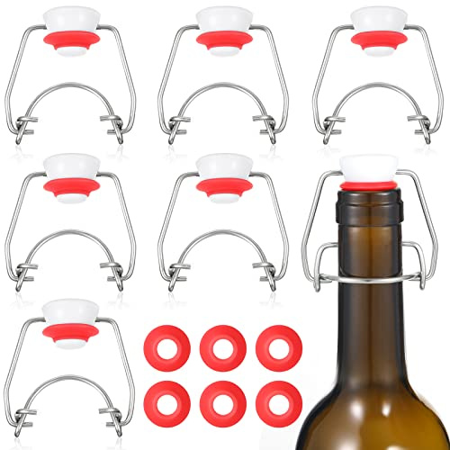 Meanplan 6 Pcs Flip Top Bottle Replacement Caps with 6 Sealing Silicone Gasket Flip Top Stopper for Glass Bottles with Grooved Mouth Swing Lids Fit 8/17.5/26/35oz Bear Bottles