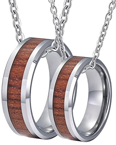 BCughia Pärchen Kette Ringe, Partner Ketten mit Gravur Silber Halskette Gravieren 8 mm Silberner Holzring mit Abgeschrägter Kante Necklace für Ehemann