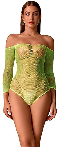 Bommi Fairy Damen Sexy Bodysuit Strass Langarm Fischnetz Teddy Dessous Trägerlos Kleid Tops Sexy Outfits (Fluoreszierendes Gelb)
