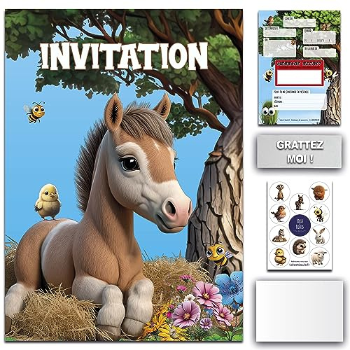 Kreativ-Set für 10 Gäste, komplett • Einladungskarten zum Geburtstag oder zur Party auf Französisch zum GRATIS • Tiere, Fohlen, Pferd, Bauernhof • Karten zum Einladen von Mädchen und Jungen • Lola et