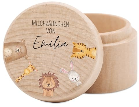 wunderwunsch® - Milchzahndose personalisiert aus Holz mit kinderfreundlichem UV-Druck - Zahndose Milchzähne als Erinnerung an die ersten Zähnchen (Tiere)