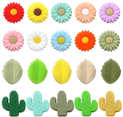 TOAOB 20pcs Perles en Silicone Colorées 30mm 3 Styles Cactus Daisy Fleur et Feuilles Verte en Forme pour Porte Clés Stylo à Perles DIY Fabrication de Bijoux Tressée Bracelet