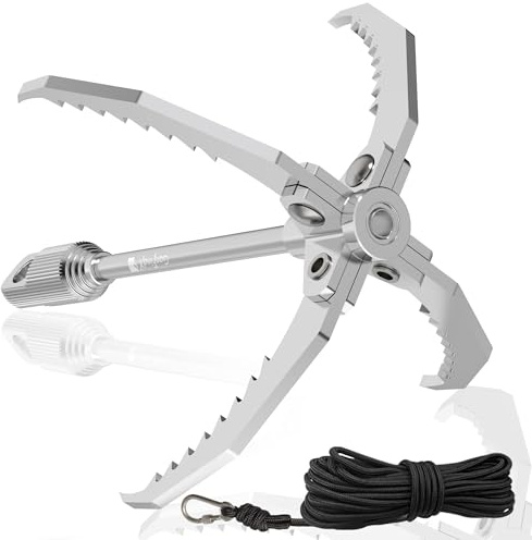 GanFindX PRO Grappling Hook W / 65 FT Rope, Heavy Duty | Folding 4-Claw Survival Claw, Multi-Purpose SUS Sawtooth Hook for Outdoor Camping Hiking Tree Rock Mountain Climbing (Aluminum-Rear Circle)