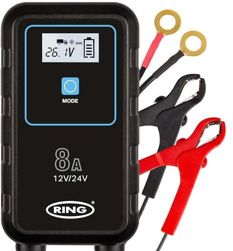 RING SMARTCHARGE 8A Car Charger & Maintainer With Crocodile Clips & Built-In Hanging Hook - Compatible With Lithium Ion, Lead Acid, Gel, Calcium, EFB & AGM Batteries