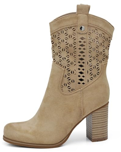 IF Fashion Stivali Stivaletti Tronchetti da Donna Traforato Camoscio Sintetico Con Tacco XG115 beige N.38