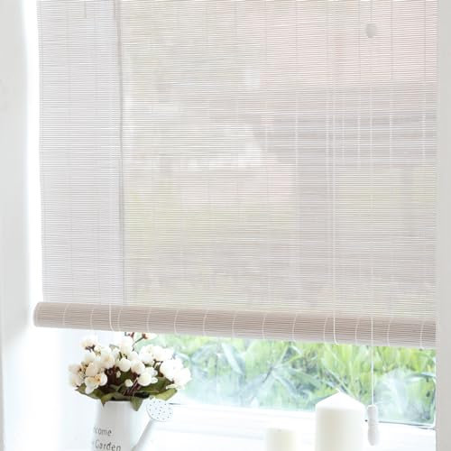 Sh000ad Weiß Bambusrollo Jalousie,Bambus-Rollos für Fenster,Verdunkelungsrollo,Filterlicht Raffrollos,Sichtschutz,Sonnenschutz Vorhang,für Innen/Außen,Anpassbar,Breite x Höhe (45cm x 200cm)