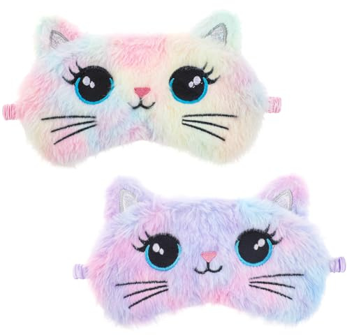 2 Stück Plüsch Schlafmaske, Weiche Schlafaugenabdeckung Bunt Niedlich Katze Schlafaugenmaske Lustig Tier Augenbinde für Frauen Zuhause Reisen Nickerchen Partyzubehör