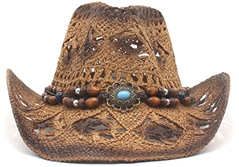 Qianderer Women's Straw Cowboy Hat Western Cowboy Hat with Wide Brim Cowgirl Hat for Summer Beach
