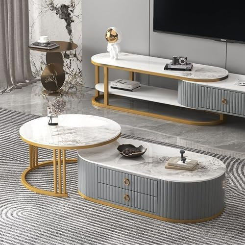 ZJHESXV Satztisch-Couchtisch, 2er-Set, moderner Akzent-Beistelltisch, geeignet für Wohnzimmer, Büro, Balkon, Büro, Heimdekoration (Farbe: Gold+Grau, Größe: Groß)