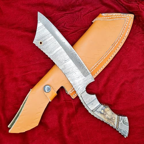 CRAFTOMATIK Damast Stahl Hackmesser | Chef Hackbeil Küchenbeil | Metzger Fleischerbeil | Widderhorn Griff | KC06