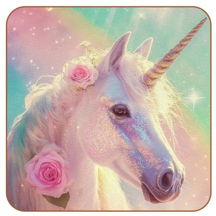 6-Pack Square Coasters for Drinks, Rainbow Unicorn Holiday Mug Cup Mats Pad Coffee Wine Wooden Glass Tabletop Protection for Housewarming Bar Decor