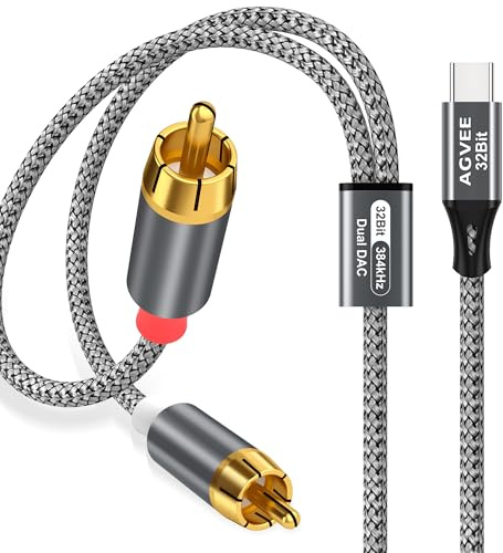 AGVEE 6.6ft Dual DAC 32Bit/384kHZ USB C to RCA Audio Cable, Type C to 2RCA Y Splitter Cord for iPhone 16 15 iPad Pro Samsung Galaxy S24 S23 S22 S21, Google Pixel Series, Amplifiers, Gray