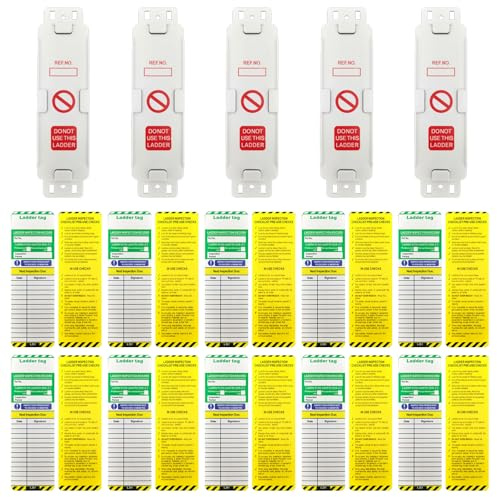 15PCS Ladder Tags,Contains 5 Holders & 10 Ladder Inspection Tags Inserts | Durable Weatherproof PVC Ladder Accessories, High-visibility Inspection Tags for Clear Site Safety Risk Assessment Compliance