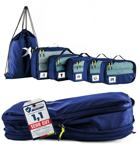 SEESCHWALBE Packing Cubes Compression | Packwürfel kompression als ultraleichte Rucksack Organizer oder Koffer Organizer | Ideale Packtaschen für dein Reise- und Camping Zubehör (6-teilig, blau)