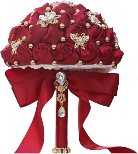 Generico Bouquet da Sposa, Bouquet da 21 cm per Matrimonio, Fiori Artificiali in Raso, Eleganti Bouquet Quinceañera, Bouquet da Sposa Fatti a Mano con Strass e Perle,Red
