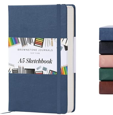 BROWNSTONE JOURNALS A5 Sketch Book Hardcover - 80 Sheets 100 GSM Paper | 5 x 8, Lay Flat, Vegan Leather Cover, Elastic Band, Back Pocket, Compact Art Drawing Book for Adults & Students