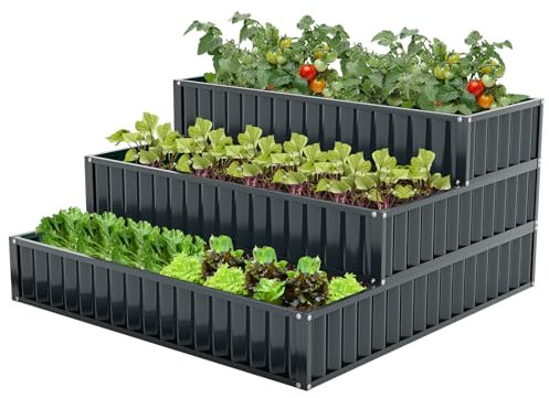 GOPLUS Jardinière à 3 Niveaux en Escalier en Métal, Lit de Jardin Suréléve avec Base Ouverte pour Plantes à Racines Profondes, Légumes, Fleurs, Assemblage Modulaire, pour Jardin