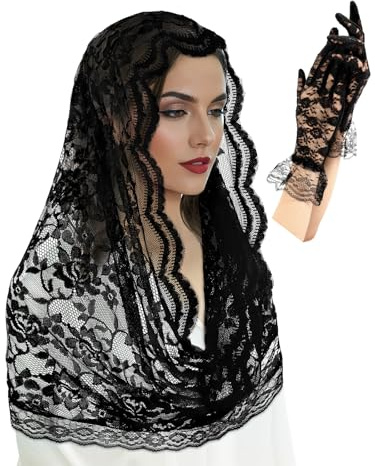 BOARDFEB 2 Pcs Black Lace Veil Church Mantilla Catholic Veilss Bridal Wedding Veils Halloween Veil Gloves