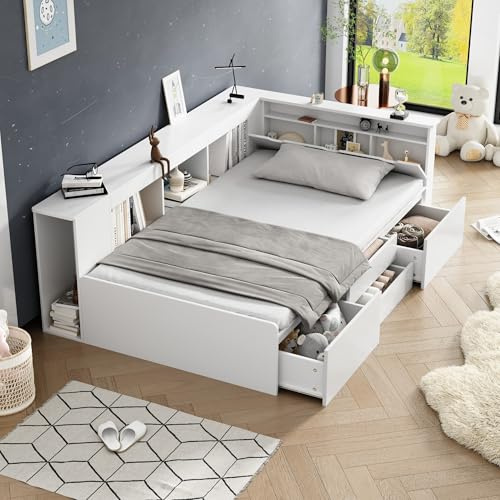 Laxnb 3ft Single Bed Frame 90x190 cm With Multifunctional Storage, Drawers, Bookcase and Cupboard, White Platform, No Mattress