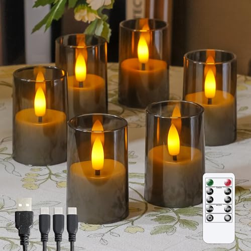 Wroxipel Rechargeable Acrylic Flameless Votive Candles with Timer & Remote Control, 1.7 x2.5 Flickering LED Warm Glow Tealight for Home, Wedding, Holiday Decor (Set of 6, Grey)