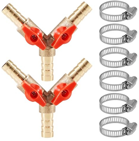 2 Stücke 10 mm 3 Wege Schlauchverbinder aus Messing mit Kugelhahn – Y Ventil für Rohrverbindungsstücke, Luft, Wasser, Gas – Absperrventil mit 6 Stücke Schlauchschellen für Garten, Werkstatt, Haushalt