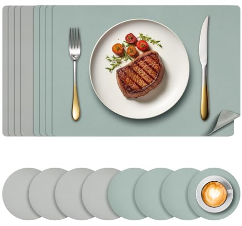 Votoko Juego de 8 Manteles Individuales Lavables, Salvamanteles Individuales de Doble Cara y Posavasos, Manteles Individuales Cuero Antideslizante Impermeable, para Mesa de Cocina(Verde)
