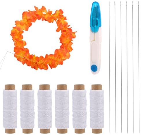 Lyreh 13pcs Lei Needle Kit for Flower Wreath Making, Durable Garland Making Kit 6pcs Long Needles to Make Hawaiian Leis 6 Twine Rolls 1 Sewing Scissors for DIY Graduation Garland