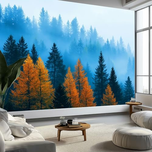 Murales da Parete Premium 3D Paesaggio Naturale Arte da Parete Straordinaria, Pino Con Nebbia Nella Foresta Carta da Parati Fotografica di Alta Qualità per Soggiorno e Camere da Letto 200 x 140 cm