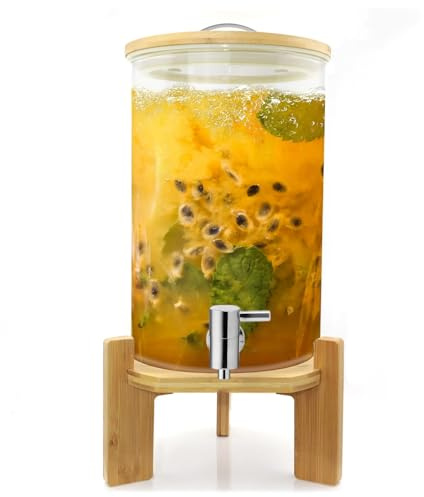 LYXXW Dispensador Bebidas para Fiestas, Dispensador de Bebidas Vidrio 2.1 Galones con Grifo y Soporte, Dispensador de Agua Grande, Jarra de Té Helado para Bares Reuniones y Bodas,5L