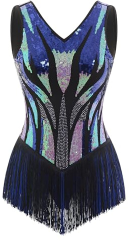 IBAKOM Sexy Damen-Body mit Fransen, offener Rücken, glitzernde Pailletten, Quaste, lateinamerikanischer Jazz-Tanz, Trapez, Akrobat, Zirkus-Kostüm