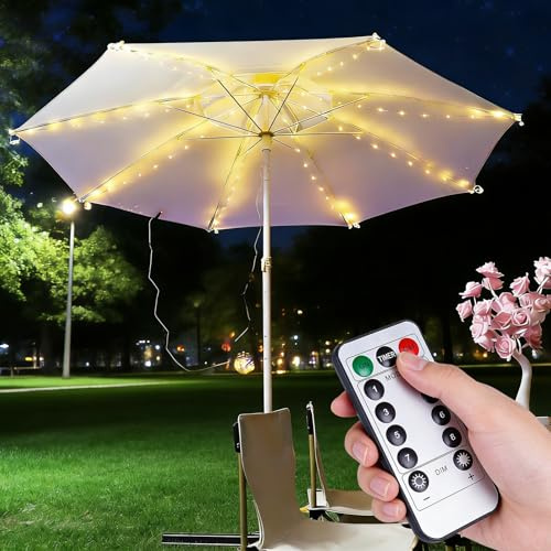 GOMETY Illuminazione a LED per ombrellone, 8 modalità con telecomando, catena per ombrelloni da giardino, catena di luci a LED per ombrellone, catena luminosa IP67, decorazione