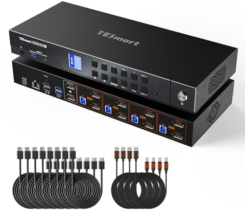 TESmart 4K@144Hz Displayport KVM Switch 2 Monitors 4 Computers | DP 1.4 KVM Switch Dual Monitor 8K@60Hz, USB 3.0, Support EDID, Gigabit Network, Hotkey Switch, VRR, All Input Cables
