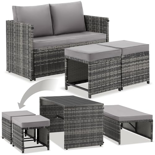 tectake® Set Salotto da Giardino Esterno in Rattan 2 in 1 Versatile, divano 2 posti e set sedie, Cuscini Impermeabili, 4 persone e Tavolino da Esterno, per Set Giardino, Balcone e Terrazzo - Grigio