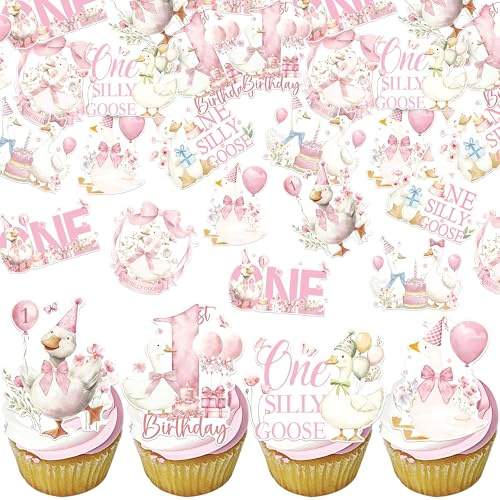 Xsstarmi 64 Pack Baby Shower Edible Cupcake Toppers Rice Paper Pink Goose Cupcake Picks for One Silly Goose Theme Baby Shower 1st Birthday Party Cake Decorations Supplies