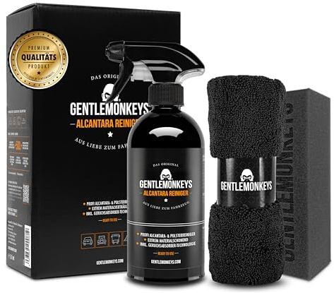 GENTLEMONKEYS Alcantara Reiniger Set (500ml) - Auto Polsterreiniger Spray | Gegen Schmutz, Gerüche & Nikotin - Für Alcantara + Fahrzeugpolster - Mit Geruchsabsorber - Inkl. Schwamm - Made in Germany