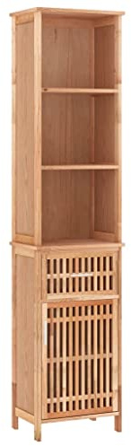 Yamxder Hochschrank 42x29x182 cm aus massivem Nussbaumholz mit Öl-Finish, 5 Fächer & Schublade, platzsparende Aufbewahrungslösung mit Gittertür – modernes Design für Badezimmer, Flur & Balkon